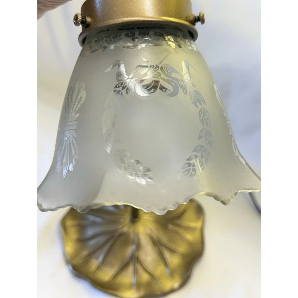 VTG Art Nouveau Brass Style Gooseneck Lily Pad Desk Lamp W/ White Frosted Shade